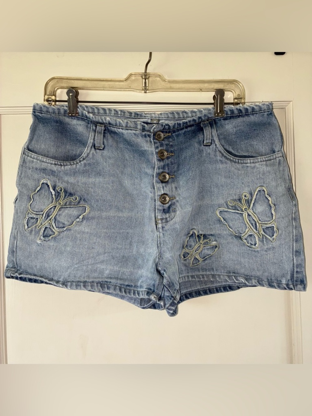 Vtg No Excuses Embroider ButteryJean Shorts Fairy Low Rise Y2K 90s Button Fly
